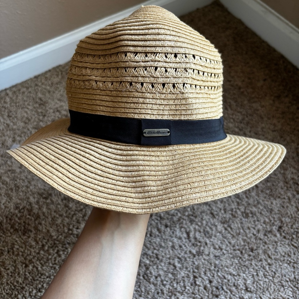Eddie Bauer Unisex Floppy Straw Packable Hat Brown woven fedora paper size L
